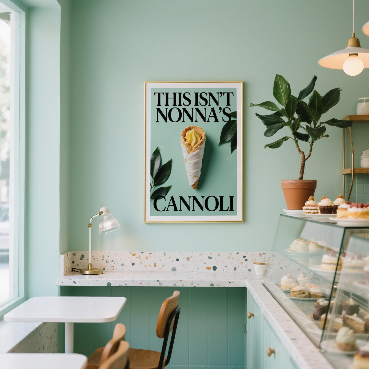 Italian Kitchen Art print with a cannoli pastry and typographic text on a mint green wall above a brass lamp