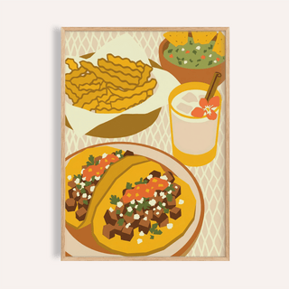 Framed close-up of Mexican Cuisine Poster with minimalist tacos chips and a drink on pale background