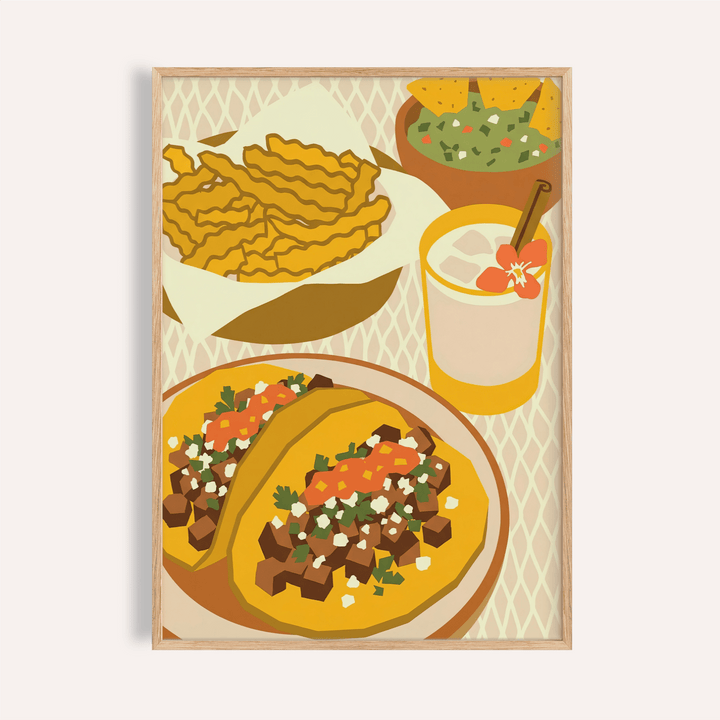 Framed close-up of Mexican Cuisine Poster with minimalist tacos chips and a drink on pale background