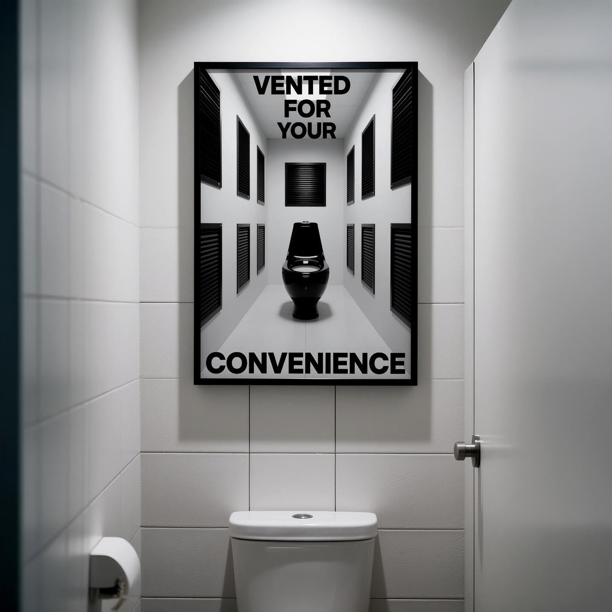 Bathroom Funny Print framed print with black toilet and vents above a toilet in a small white tiled bathroom
