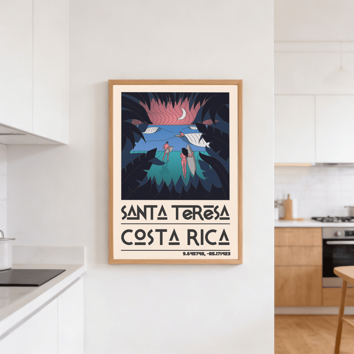 Framed print Costa Rica surf art of surfers at beach with pink and blue tones in kitchen