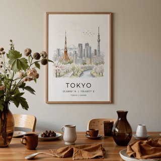 Print on a wall of Tokyo Skyline Art Print in watercolour with cherry blossoms above a dining table