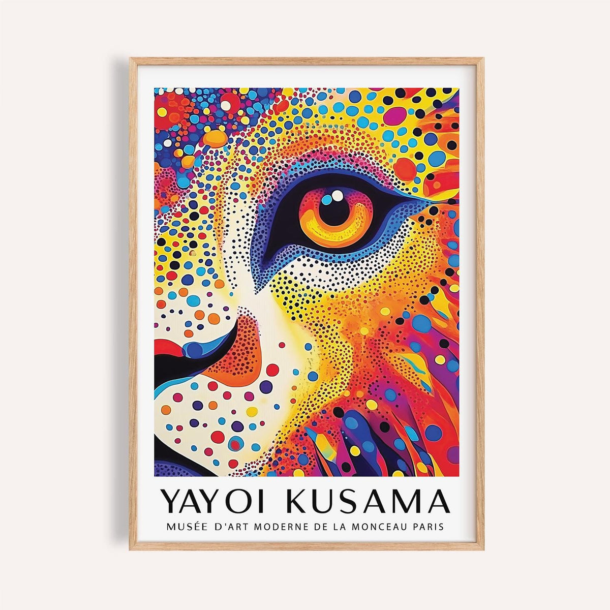 Framed Lion Animal Poster with an abstract lion face of colourful dots and a bright yellow eye