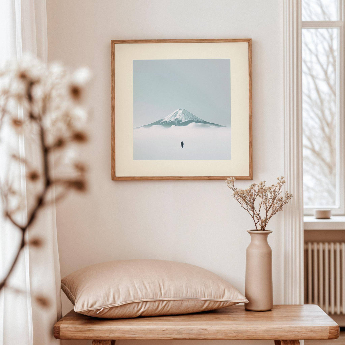 Japan Travel Poster framed print of Mount Fuji snowy mountain with lone figure in a soft neutral room with dried flowers in a vase