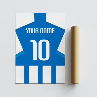 Rolled print with a cardboard tube showing a blue and white striped football shirt with typographic details