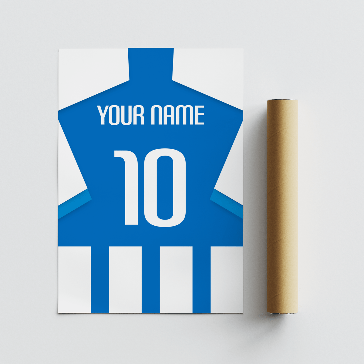 Rolled print with a cardboard tube showing a blue and white striped football shirt with typographic details