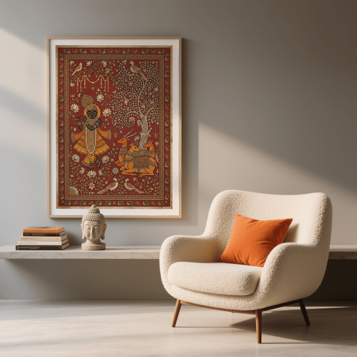 Indian Folk Art Print of Krishna playing flute in orange and brown tones above a grey shelf with a Buddha head sculpture