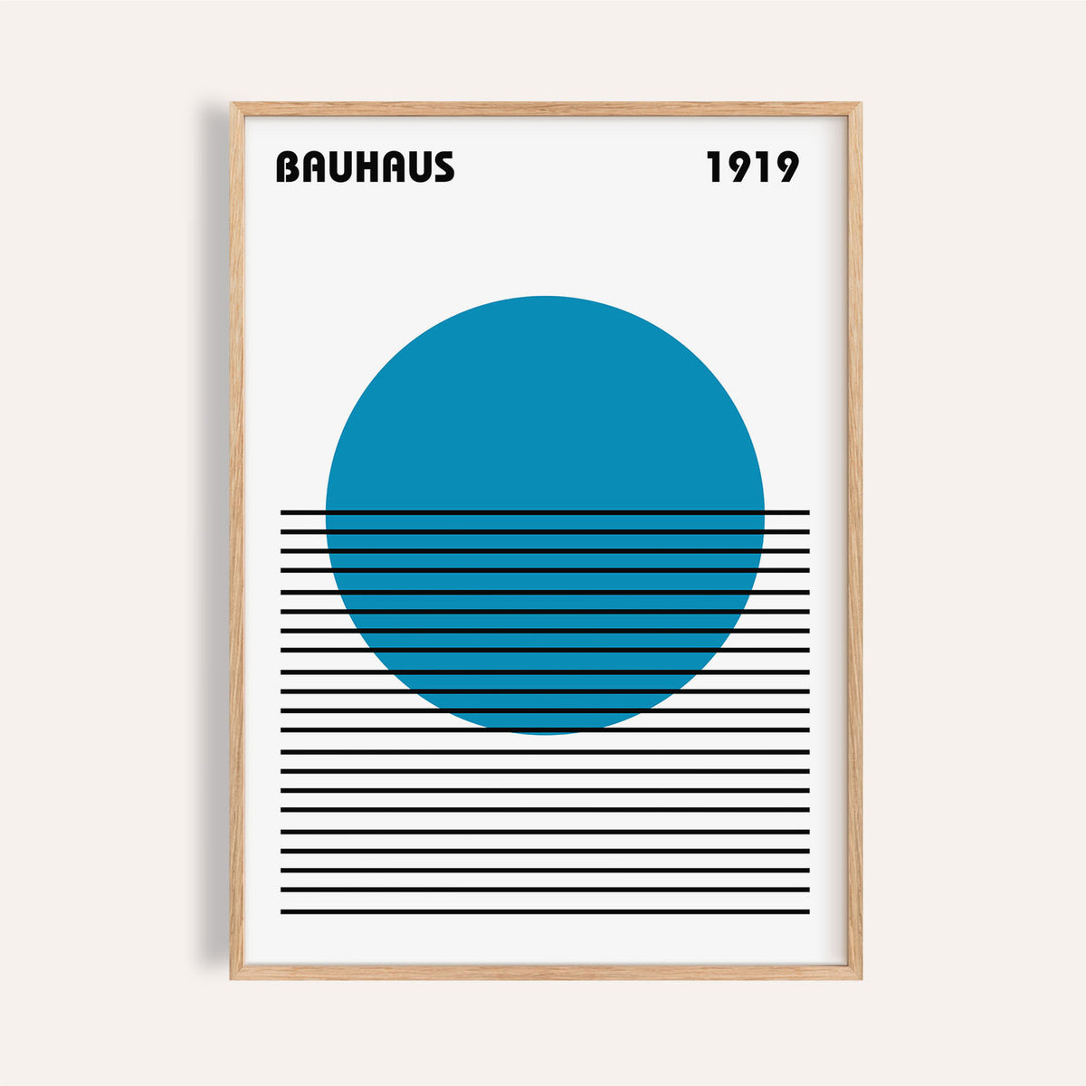 Minimlist Art framed print of abstract blue circle with black horizontal lines in a light wooden frame