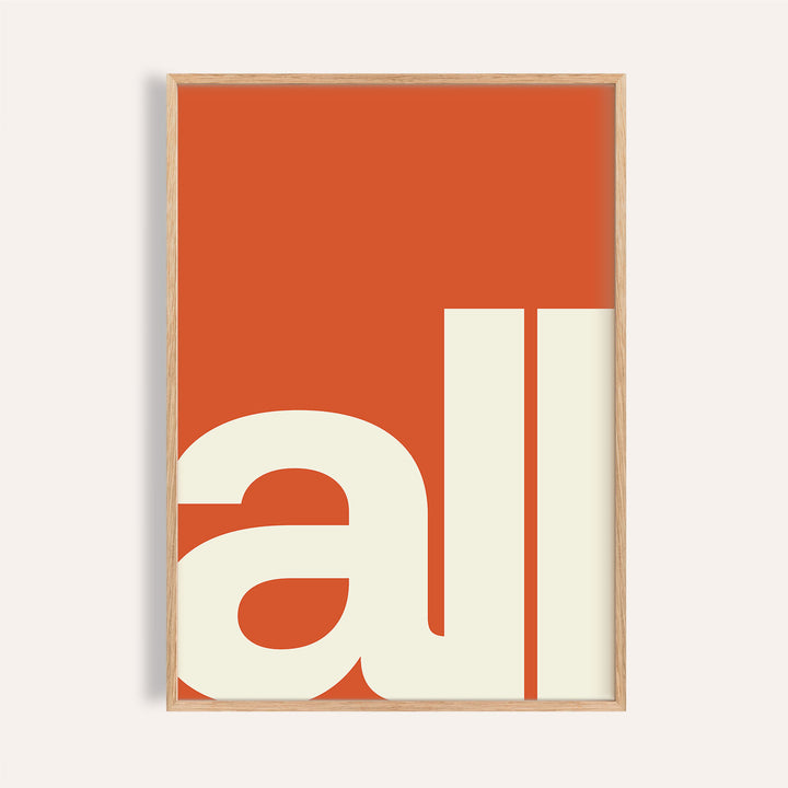Framed modern typography art with letters al in cream on orange background