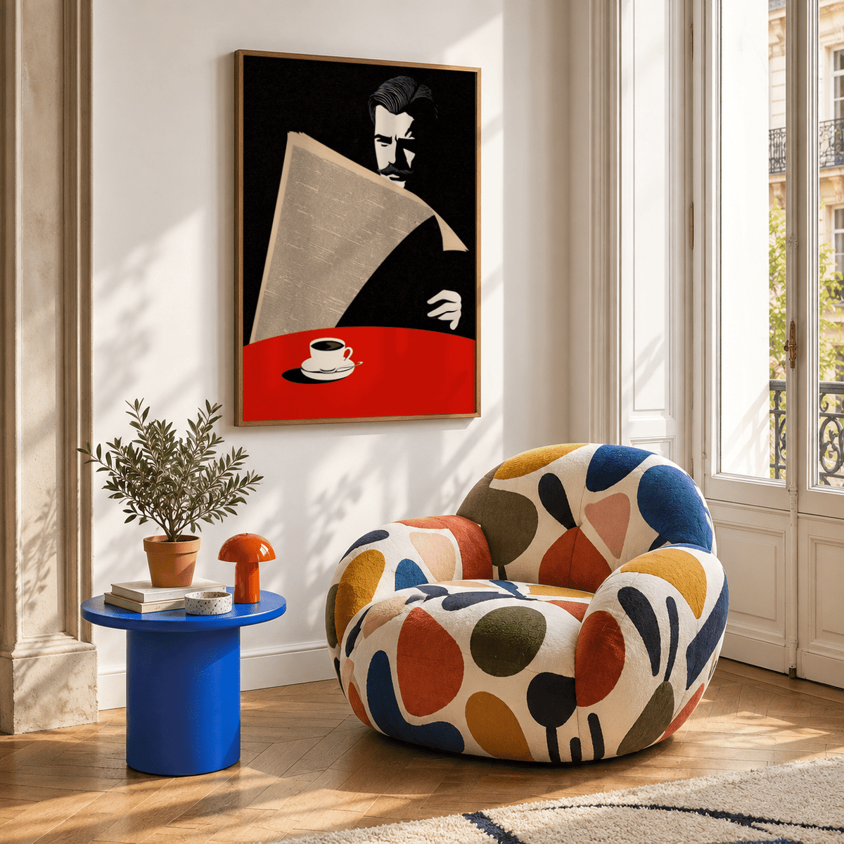 Art Deco Newspaper Reader print on a pale wall above a patterned armchair with a blue side table