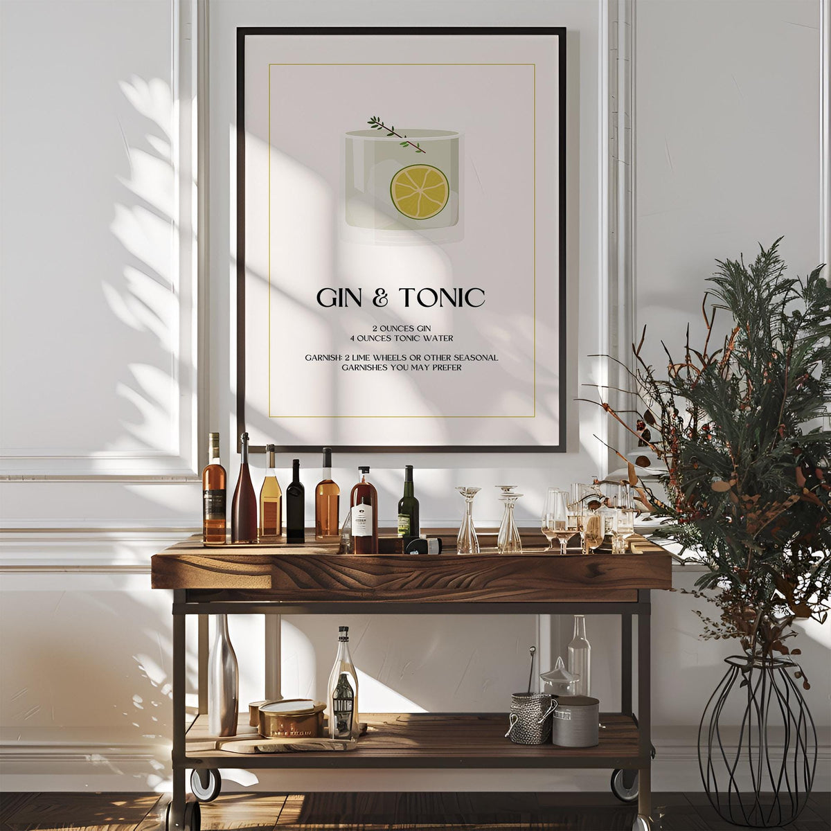 Framed Gin and Tonic wall art with minimalist illustration above a wooden drinks trolley