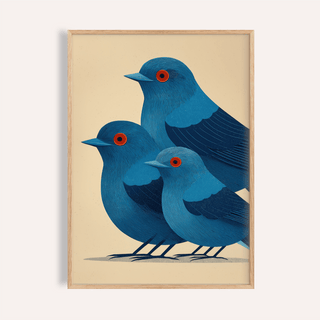 Close-up of blue bird art print of three blue birds with red eyes in a minimalist style