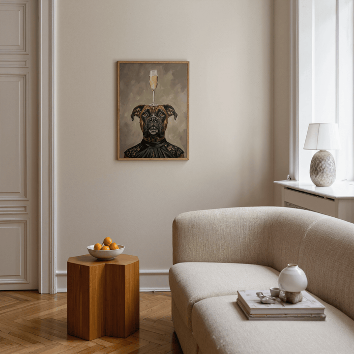 Print of boxer dog with a glass in contemporary style above a wooden side table in a neutral living room