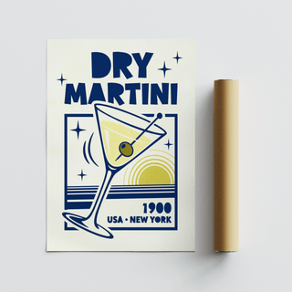 Dry Martini Poster flat art with navy text and yellow olive alongside a brown packaging tube