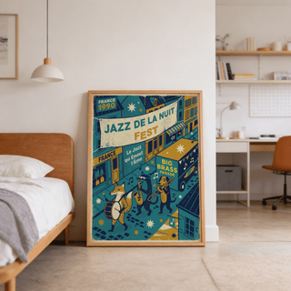 Print leaning on floor of Paris Jazz Poster with a fox playing a drum and vintage style next to a bed