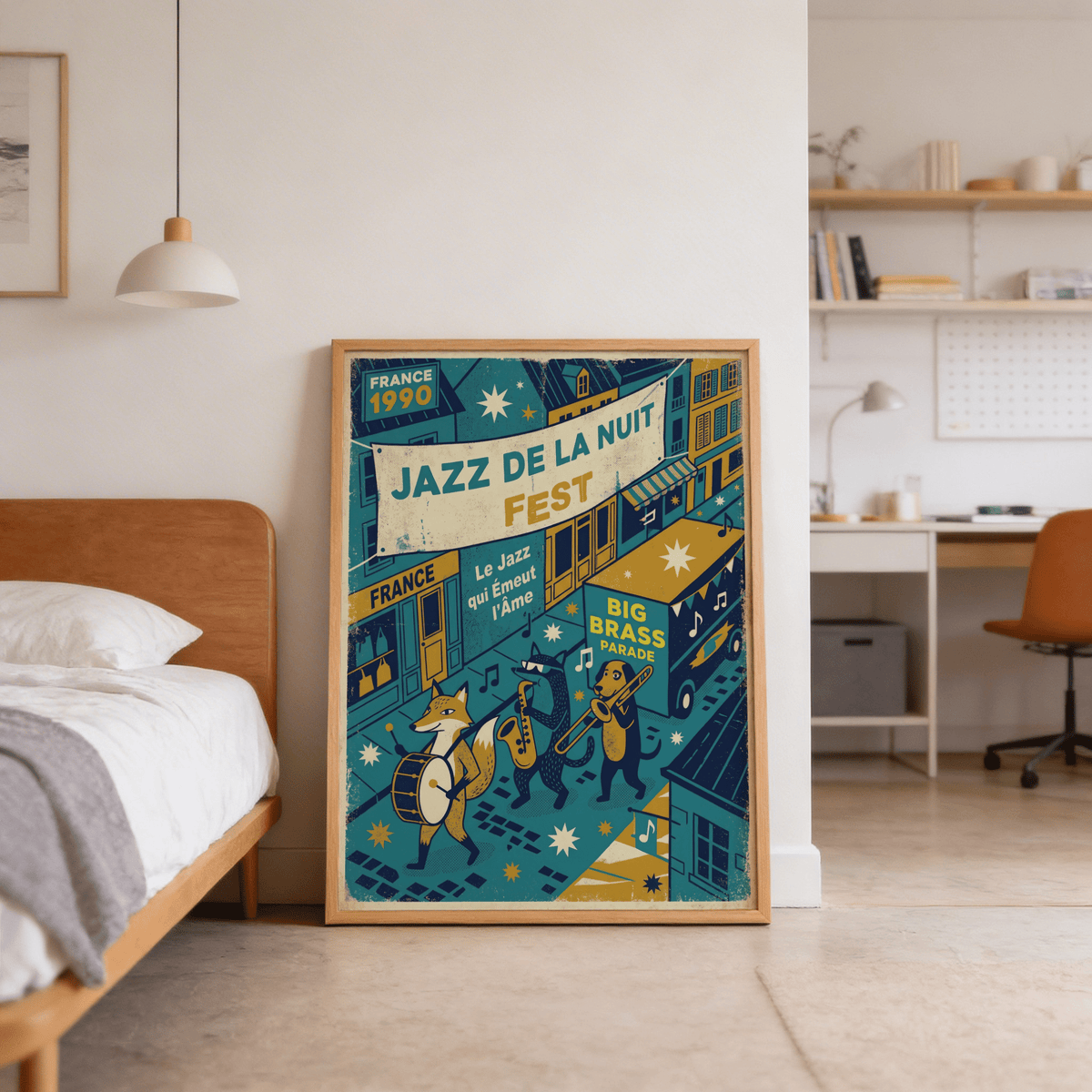 Print leaning on floor of Paris Jazz Poster with a fox playing a drum and vintage style next to a bed