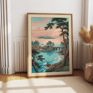 Hasui Kawase Sea Landscape Print leaning on a floor by a vase of dried grasses in a bright room