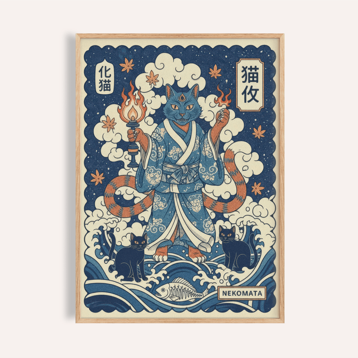 Nekomata Art framed print close-up of a blue three-eyed cat holding flames in Japanese woodblock style