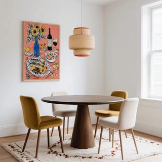 Wine and Seafood Decor print of grilled fish with lemons and peaches above a dining table with mustard and cream chairs