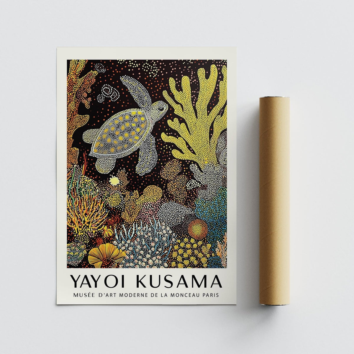 Sea turtle wall art flat print with yellow and black abstract coral details alongside a rolled packaging tube