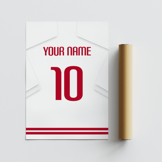 Football Shirt Poster in White with Red Number next to a brown packaging tube on a pale surface