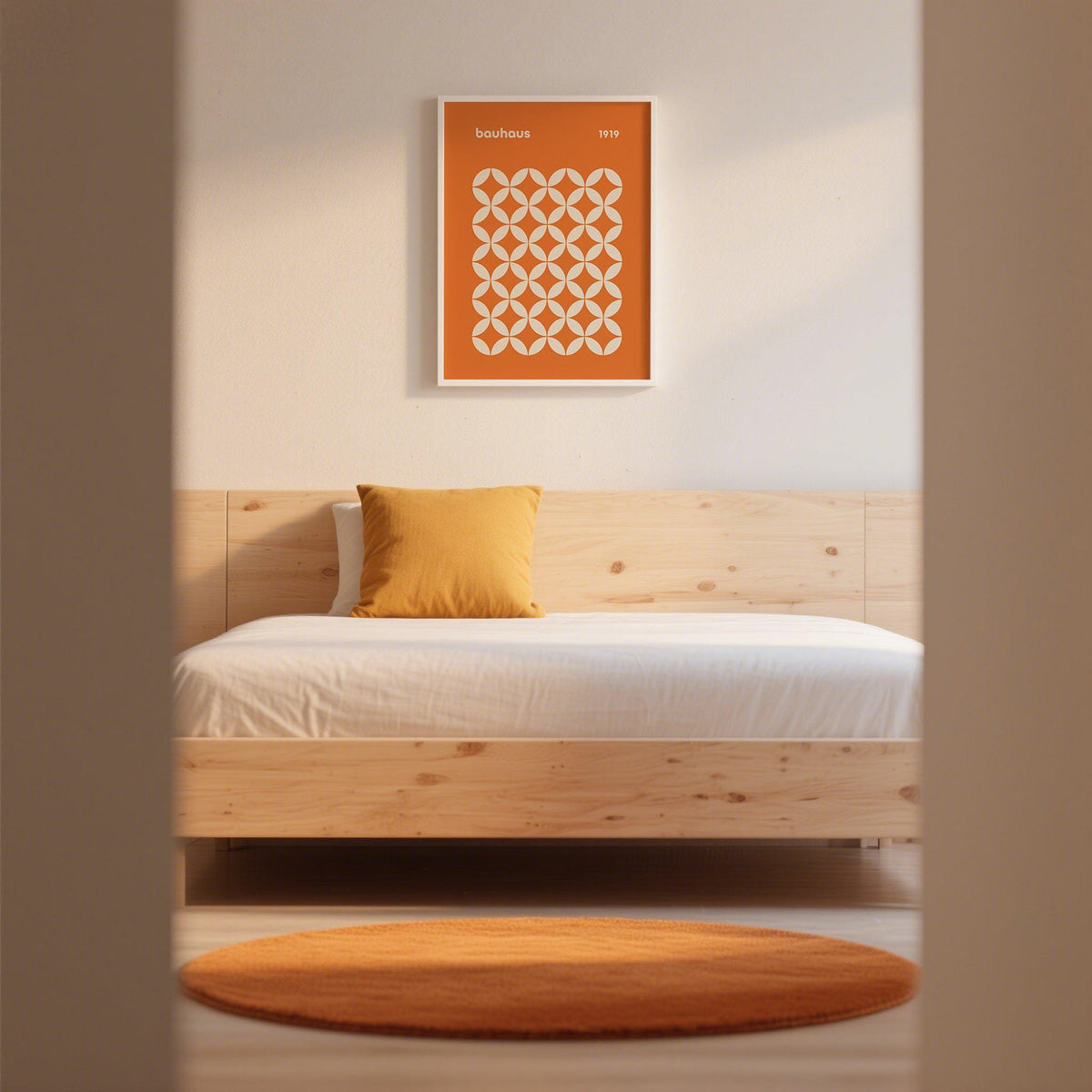 Orange Poster framed print with a circle grid pattern in bauhaus style above a bed with an orange cushion and round rug in a bedroom