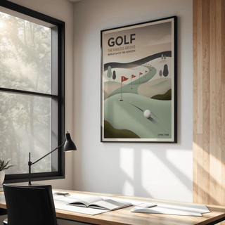 Vintage Golf wall art showing minimalist golf course flags in green and beige hues in a workspace with desk lamp