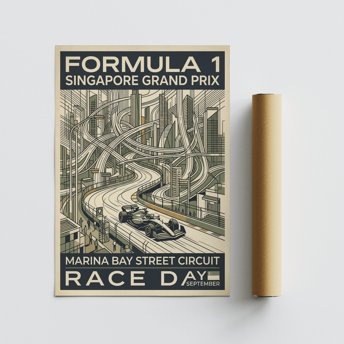 Mockup of a framed poster featuring a single-seater car and urban overpasses on a street circuit