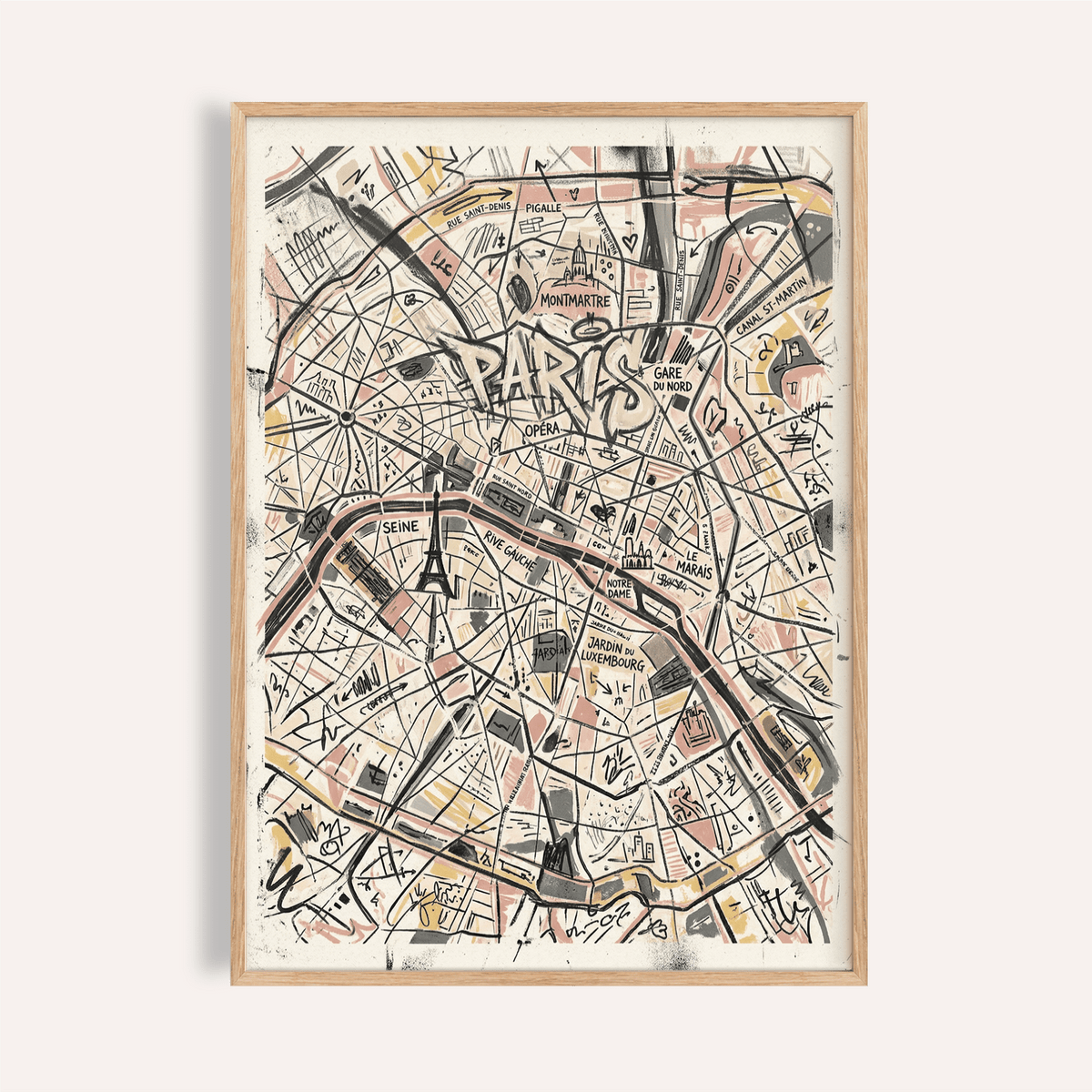 Framed Paris map art print with abstract black and beige lines and sketches