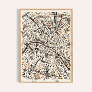 Framed Paris map art print with abstract black and beige lines and sketches