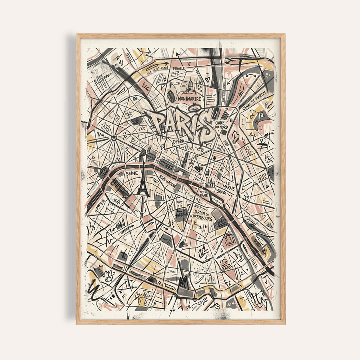 Framed Paris map art print with abstract black and beige lines and sketches