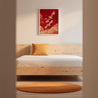 Flying Cranes wall art above a bed with a mustard cushion and wooden headboard in a bedroom