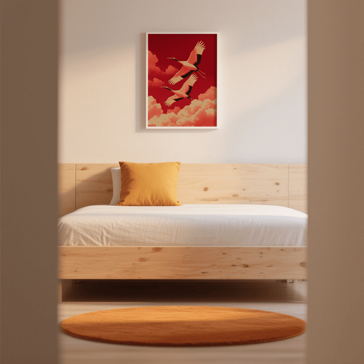 Flying Cranes wall art above a bed with a mustard cushion and wooden headboard in a bedroom