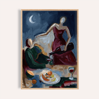 Couple Dinner wall art of a woman pouring wine in a red dress with blue and beige background
