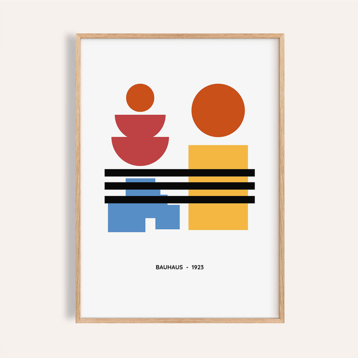 Framed Minimalist Art of primary geometric shapes with red orange, blue, yellow and black colours