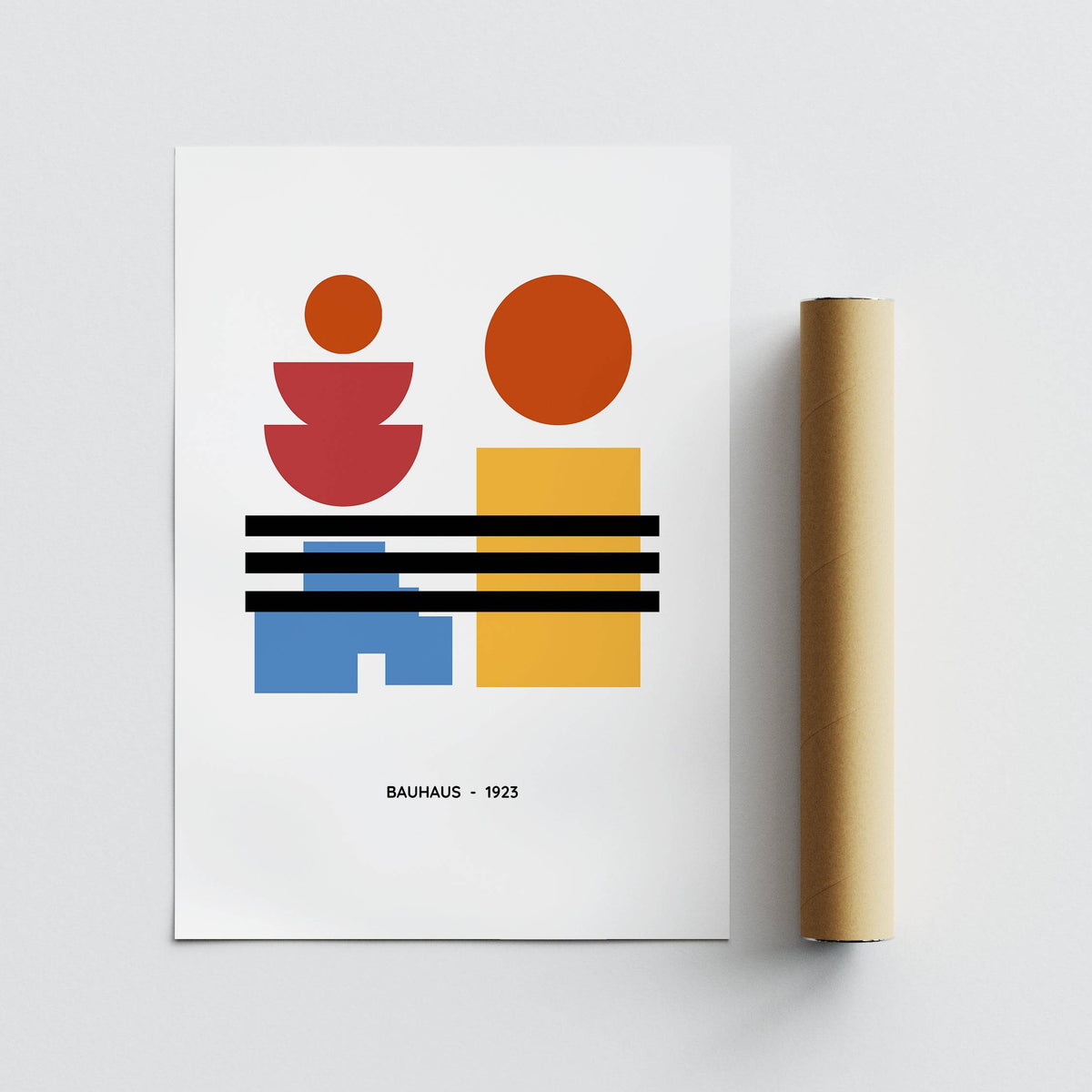 Minimalist art print of primary geometric shapes in red orange yellow and blue with a brown tube