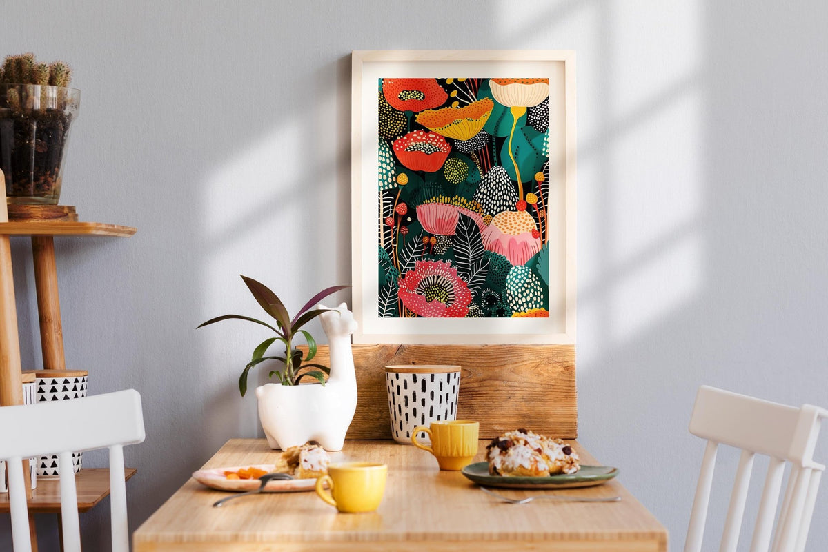 Flower wall art decor with colourful abstract flowers in a light wooden frame above a wooden table with a plant and breakfast cups