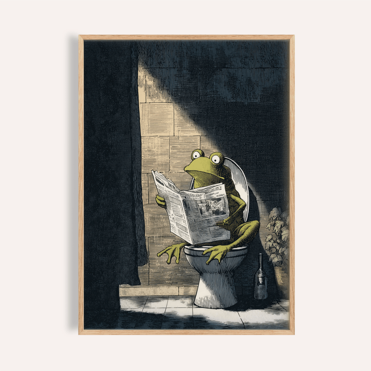Framed print of funny frog art print with green frog reading newspaper on toilet in dark bathroom