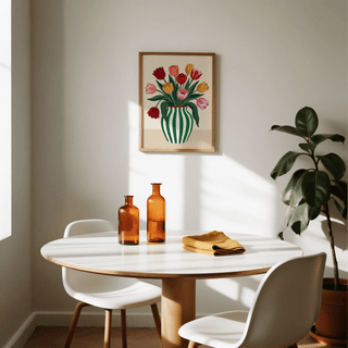 Tulip art print with multicolour tulips in a striped vase above a dining table with amber bottles