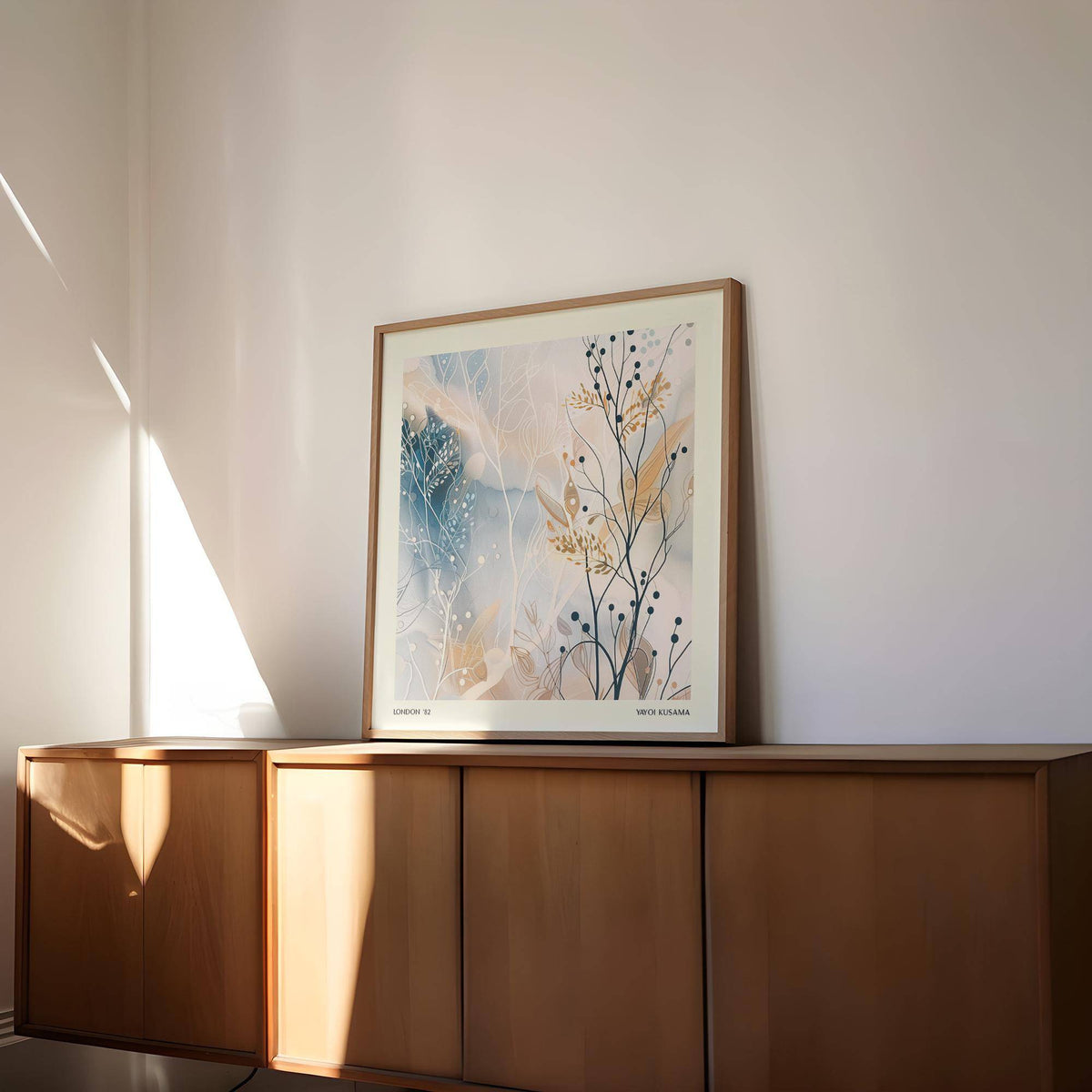 Neutral Prints framed print of an abstract botanical illustration in soft blues and beiges on top of a wooden sideboard