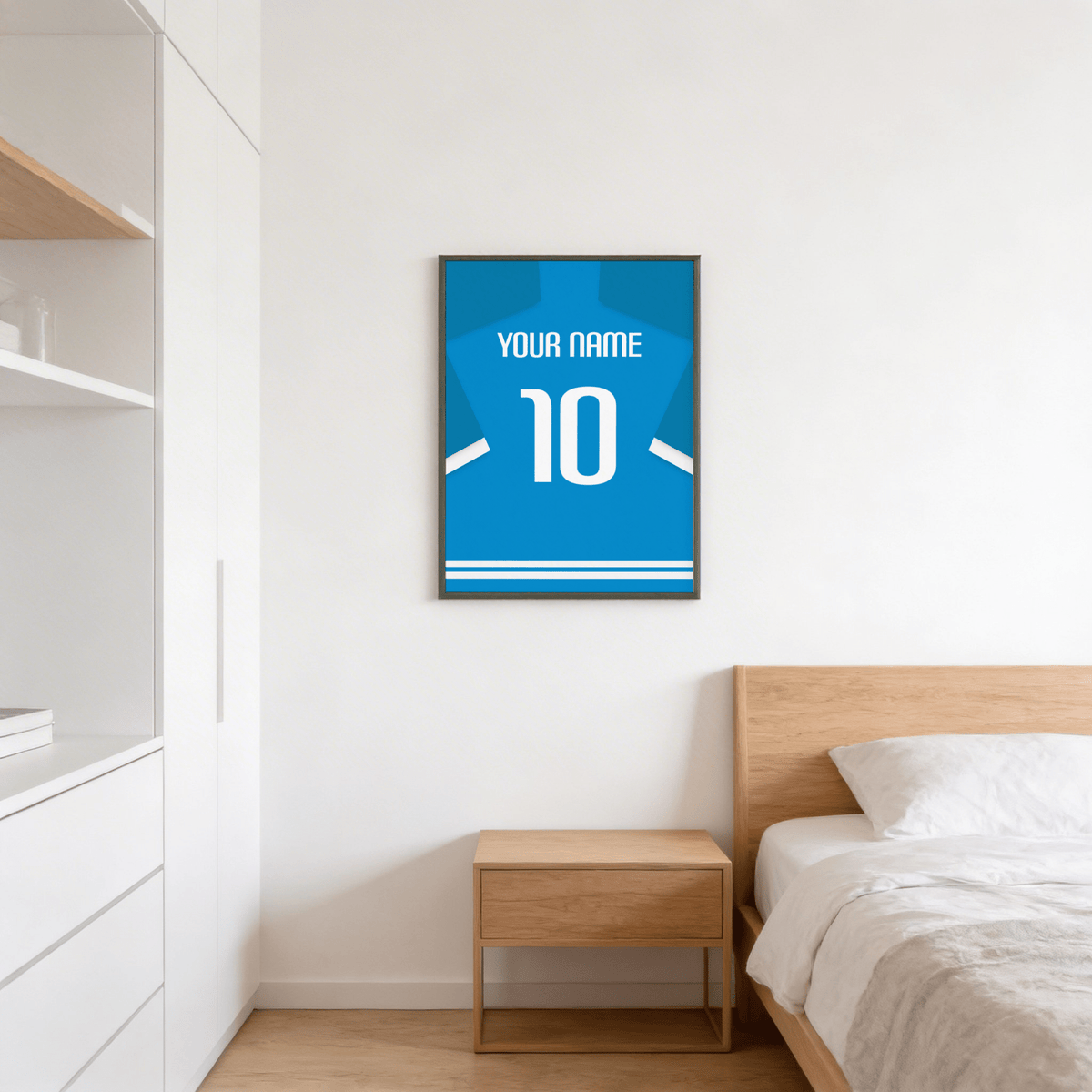 Football Shirt Poster in Bright Blue with White Number displayed above a wooden bedside table