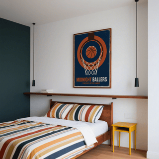Basketball Game wall art of a basketball hoop and orange ball in a minimalist bedroom above a bed