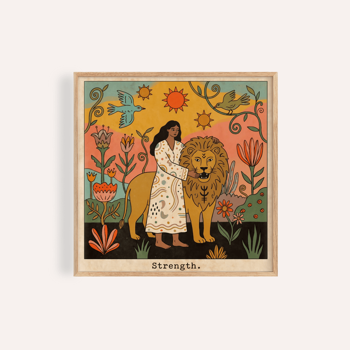 Framed print of Strength Tarot Card Art showing woman with lion with folk-art style and natural tones
