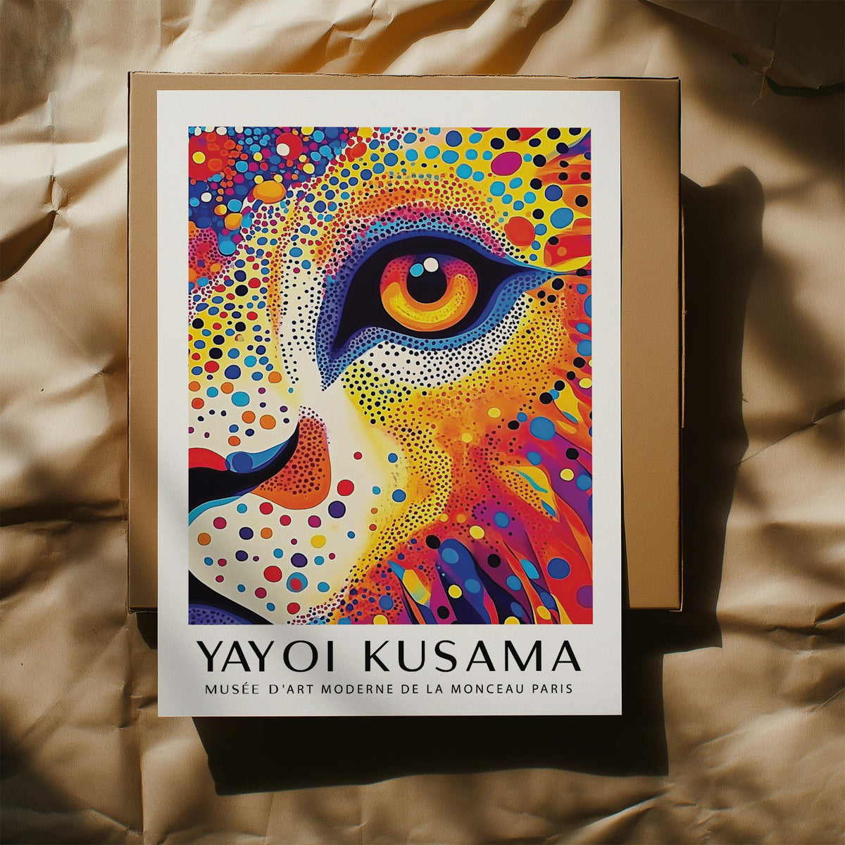 Lion Animal Poster with colourful dotted lion face lying on a textured beige surface with shadows