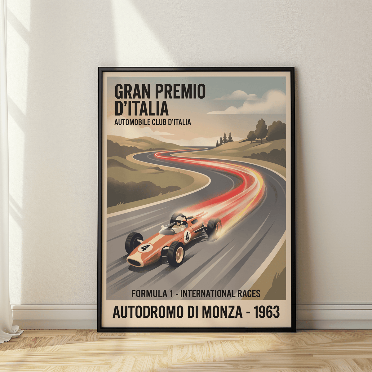 Retro Racing Art Print leaning against a wall showing a vintage car on a race track with light trails in muted colours near a curtain