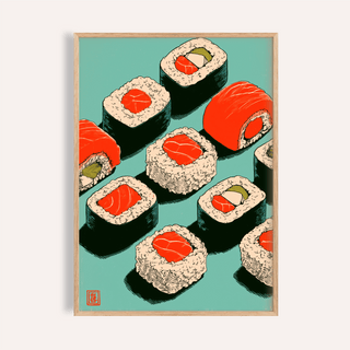 Framed Sushi Art Print showing sushi rolls illustration in pop-art style on teal background