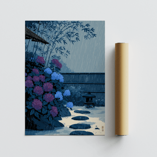 Japanese Rain Print rolled print with brown packaging tube showing a rainy hydrangea bush illustration in blue and purple