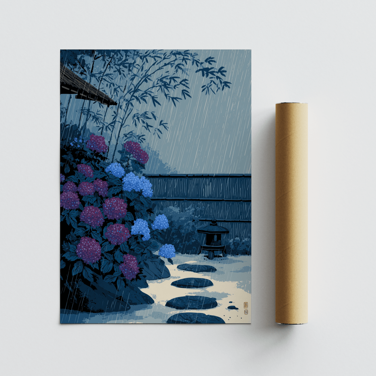 Japanese Rain Print rolled print with brown packaging tube showing a rainy hydrangea bush illustration in blue and purple