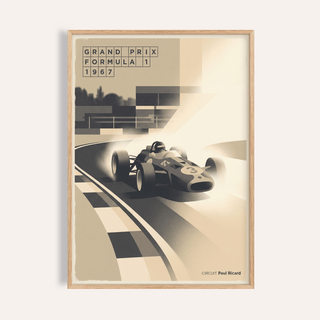 Sports Car Poster with single-seater car on curving track and grand prix 1967 headline