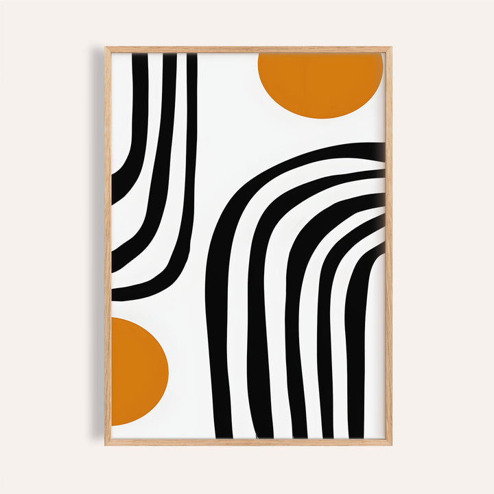 Framed Orange and Black Wall Art with curved black arcs and ochre circles on a white background